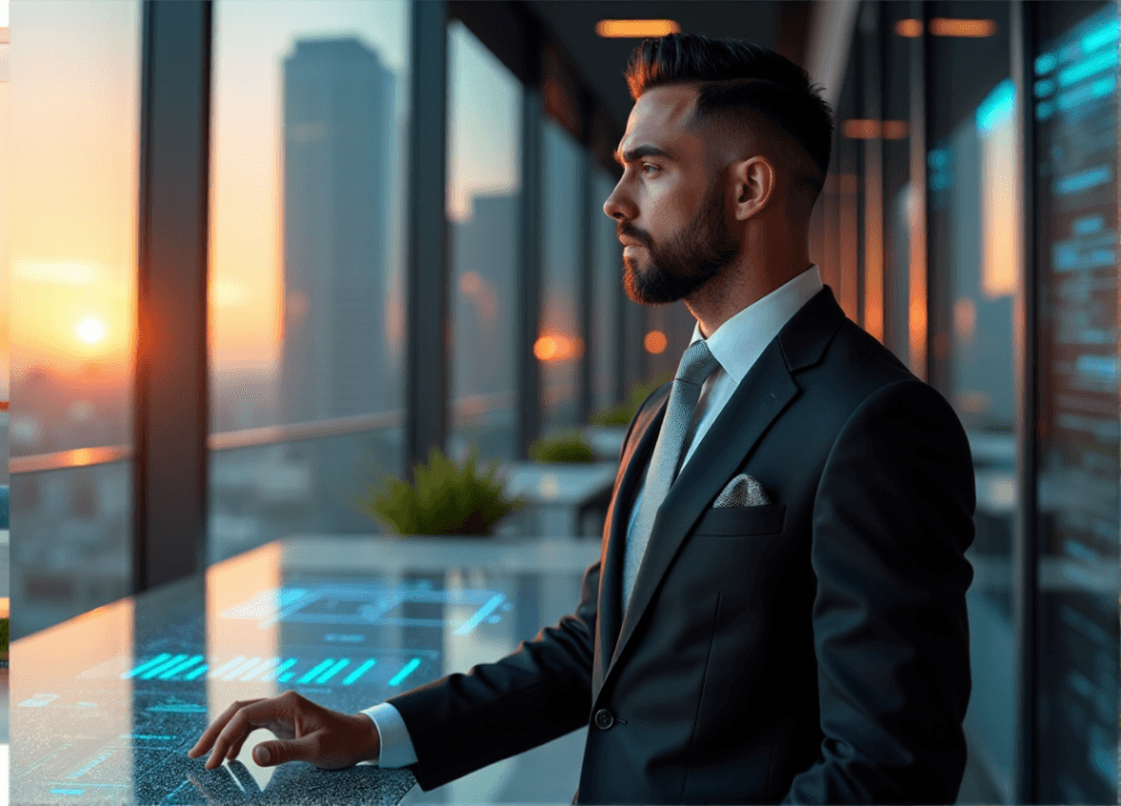 "A business executive stands confidently in front of a high-tech control panel with AI-powered holographic displays, set against a modern cityscape at sunset."