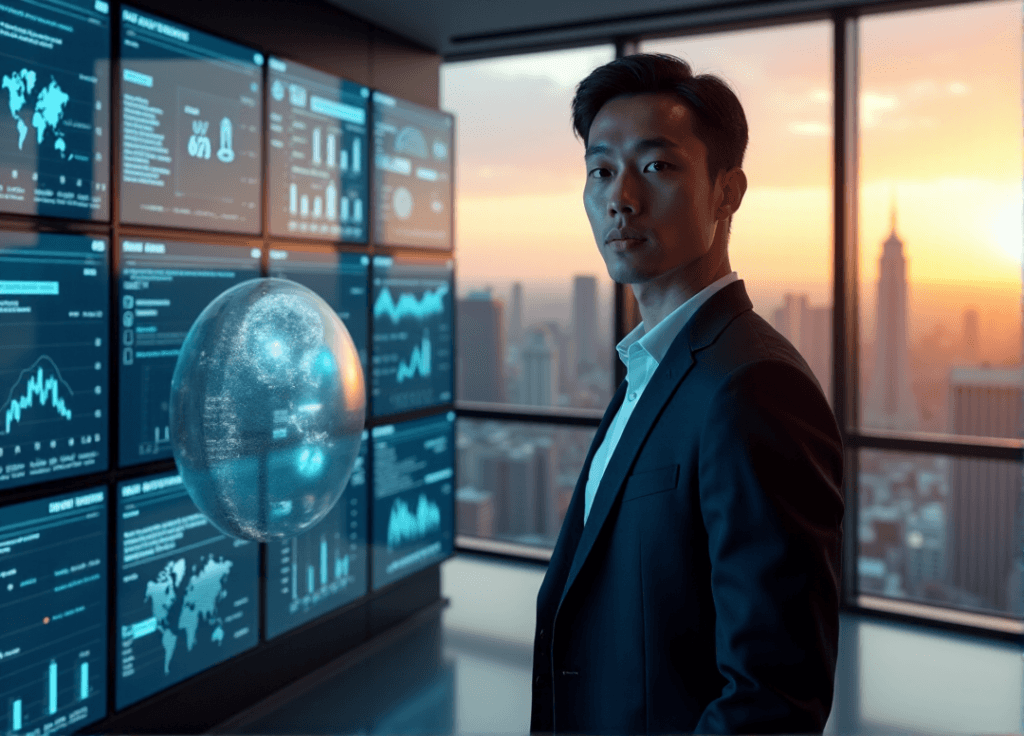 "A young professional stands confidently in front of a high-tech control panel displaying AI-powered predictive analytics and insights, showcasing their AI automation skills."