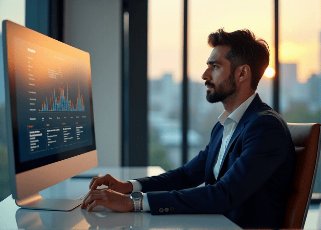 "A business executive sits at a modern desk, intensely studying AI-powered predictive tools and customer insights on a large screen display."