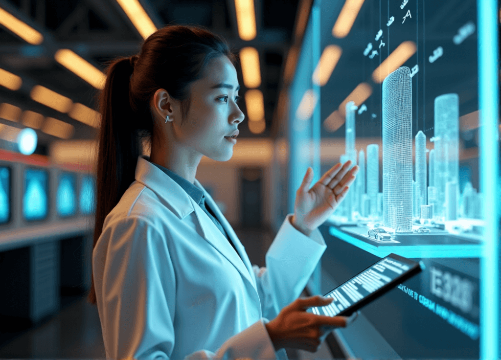 "A young woman in a lab coat stands confidently near futuristic computer servers, gazing at a holographic cityscape on a tablet with AI automation skills evident."