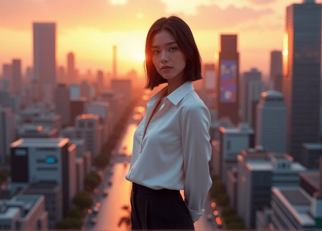 "A young businesswoman stands confidently on a raised platform, gazing at the city skyline as sunset casts warm hues across the scene, emphasizing her determination to drive growth with AI automation skills."