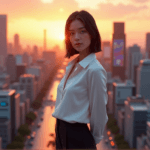 "A young businesswoman stands confidently on a raised platform, gazing at the city skyline as sunset casts warm hues across the scene, emphasizing her determination to drive growth with AI automation skills."
