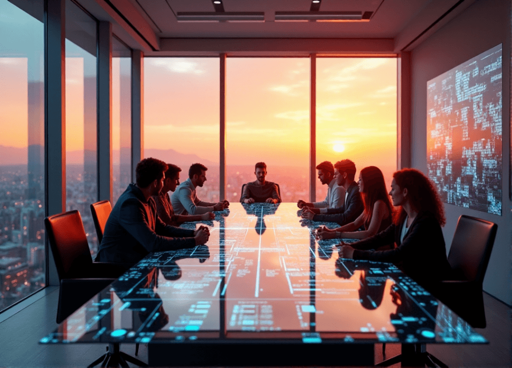 "A diverse group of professionals collaborate around a conference table in a futuristic office space with AI-powered holographic display and cutting-edge technology, showcasing AI Automation Skills."