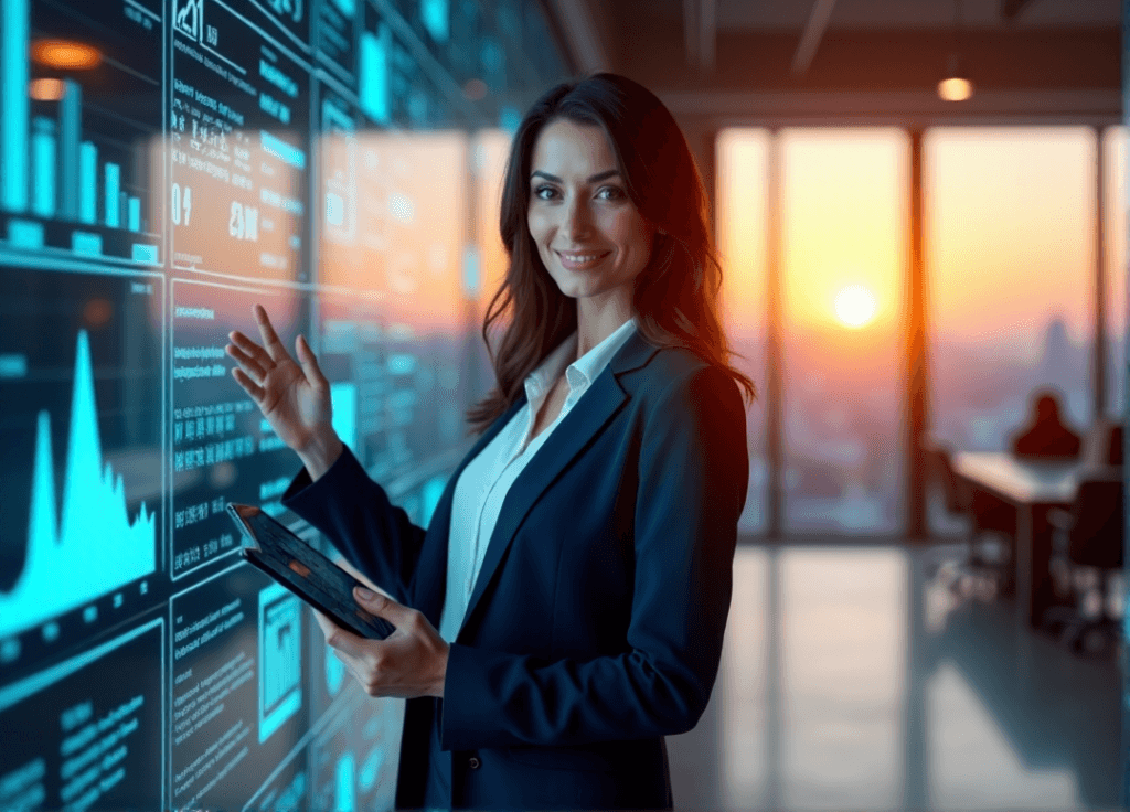 "A confident businesswoman stands in front of a data visualization dashboard, gesturing towards market trends and consumer behavior with AI automation skills on display."
