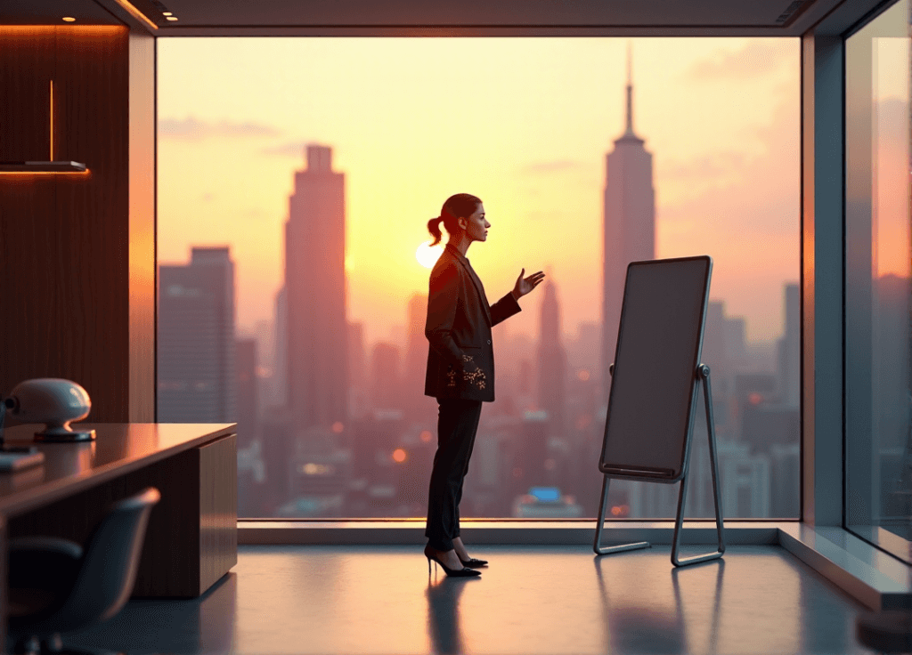 "A young businesswoman stands confidently in a modern office space with AI-powered devices, looking out at a futuristic cityscape at sunset, symbolizing future-proof growth through AI automation skills."