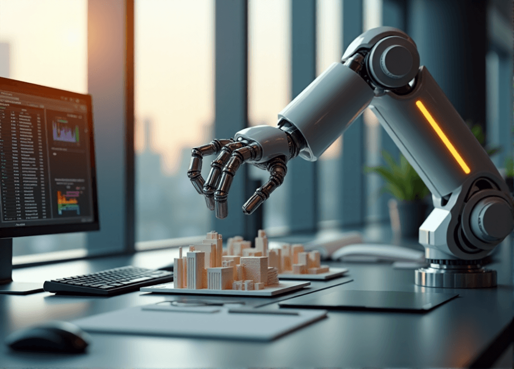"An office workspace featuring a sleek robotic arm integrated into a modern desk setup, manipulating a 3D printed model with AI-driven precision."