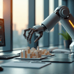 "An office workspace featuring a sleek robotic arm integrated into a modern desk setup, manipulating a 3D printed model with AI-driven precision."