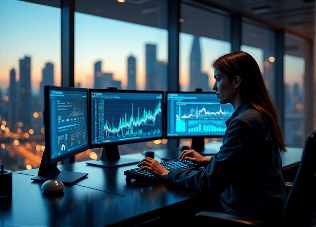 "A data analyst sits intently at a high-tech workstation, eyes fixed on predictive analytics software displaying intricate graphs and charts, showcasing AI automation skills in a futuristic office with cityscape view."
