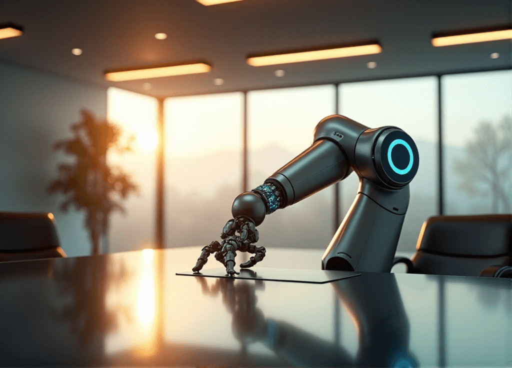"A futuristic office space featuring a sleek robotic arm with glowing blue circuitry on a high-gloss black desk amidst floor-to-ceiling glass windows."