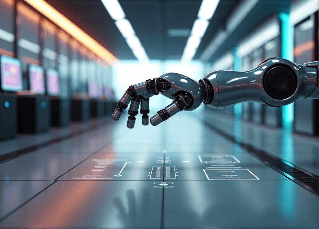 "A sleek robotic arm glides across a modern control room floor, expertly manipulating high-tech modules with precision-crafted components under soft LED lighting."
