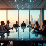 "A diverse group of employees collaborate around a holographic AI screen, showcasing AI automation skills in a futuristic office space with a cityscape view."