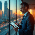 "A confident executive stands before a glass wall reflecting a cityscape at sunset, gesturing to AI-driven business strategies on a high-tech tablet."