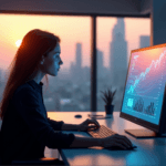 "A data analyst intensely focuses on a high-resolution touchscreen display showcasing real-time market trends, leveraging AI automation skills in a modern office space with a breathtaking cityscape view at sunset."