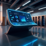 "A high-tech market research console with AI-driven data visualizations on a curved screen, set in an industrial-chic facility with humming servers."