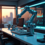 "A sleek robotic arm with AI automation technology integrated into its mechanical structure, situated on a high-tech control room desk amidst multiple screens displaying real-time data analytics."