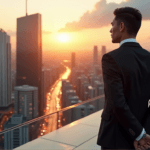 "A business executive stands confidently on a rooftop, gazing out at a cityscape with AI-driven insights guiding their future success."