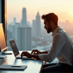 "A skilled market researcher sits at a modern desk, intensely analyzing data on high-end laptop and tablet, with AI automation skills evident in their work."