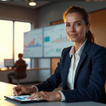 "A female executive sits confidently at a minimalist desk surrounded by data analytics screens, an intelligent automation dashboard on her tablet, and colleagues working in the background."