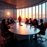 "A corporate boardroom scene featuring a diverse group of professionals discussing AI technologies, with one individual standing up in excitement, surrounded by floor-to-ceiling windows showcasing a cityscape during golden hour."