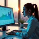 "A young businesswoman intensely analyzes customer sentiment data on a computer screen in a minimalist office, surrounded by devices and gadgets."