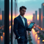 "A young professional stands confidently in front of a cityscape at dusk, focused on predictive analytics insights displayed on their tablet."