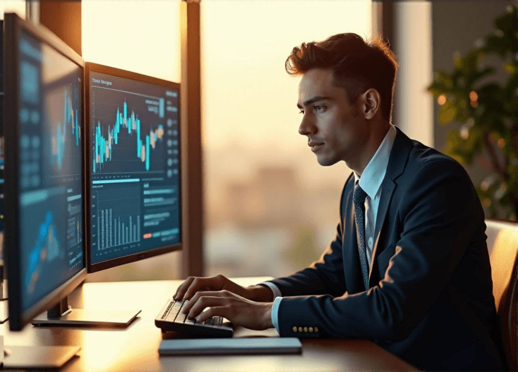 "A young professional sits at a minimalist desk, intensely analyzing data on large screens with AI-driven market trends and financial charts in a modern office space."