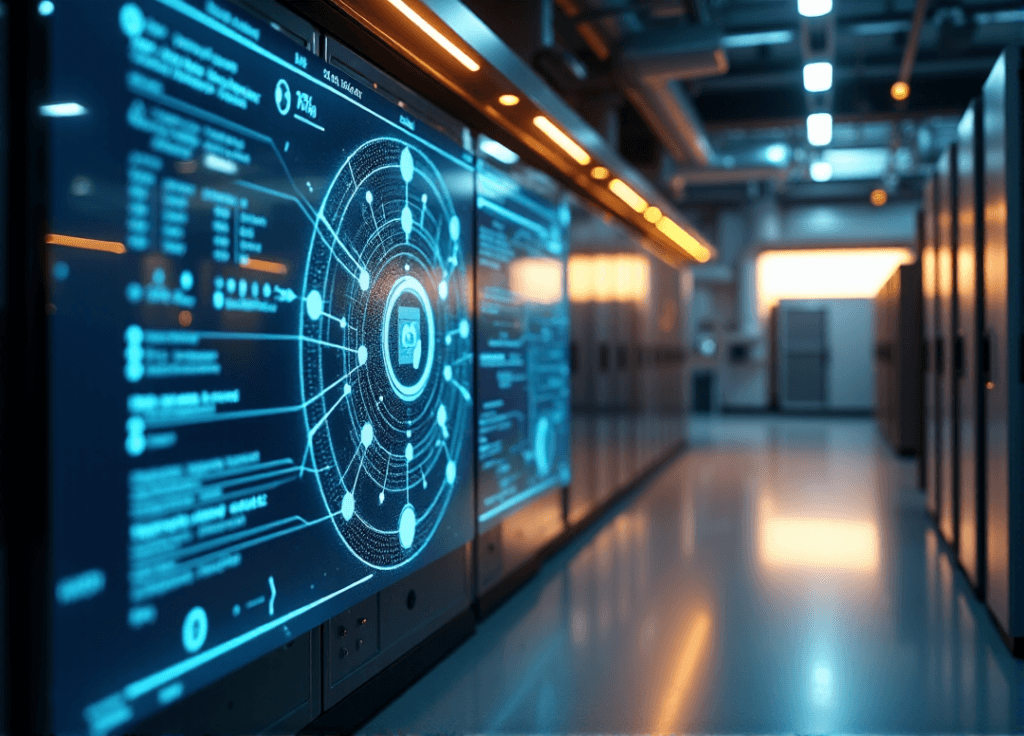 "A high-tech industrial control room featuring a large touchscreen display showcasing AI-powered automation solutions, with sleek machinery and humming servers in a warm, golden lit environment."