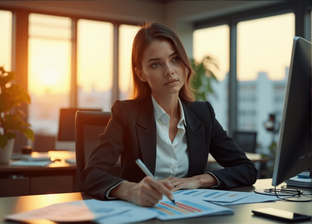 "A young businesswoman intently examines customer sentiment analysis data on a computer screen amidst an office setting with warm natural light."