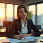 "A young businesswoman intently examines customer sentiment analysis data on a computer screen amidst an office setting with warm natural light."