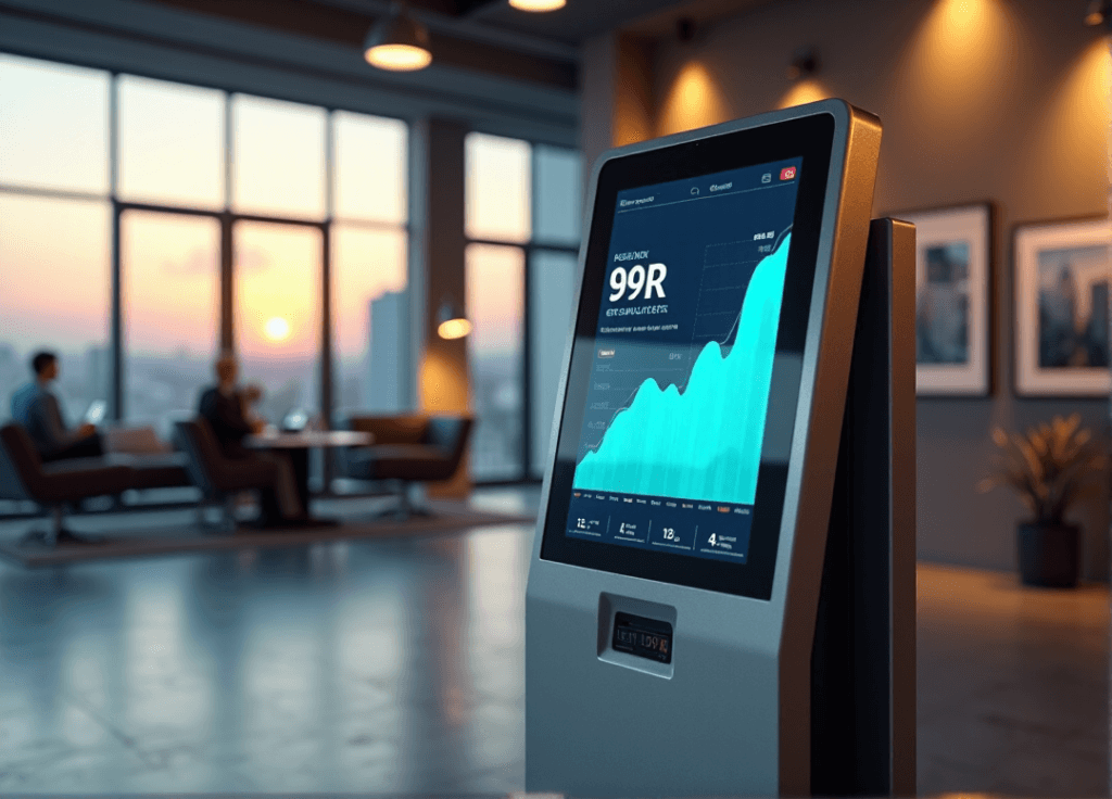 "A sleek silver customer service chatbot terminal in a modern office, displaying real-time sentiment analysis data with AI automation skills on a high-resolution touchscreen."
