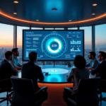 "A group of diverse professionals collaborate around a futuristic AI-powered dashboard in a modern control room, illuminated by screens and LED lights."