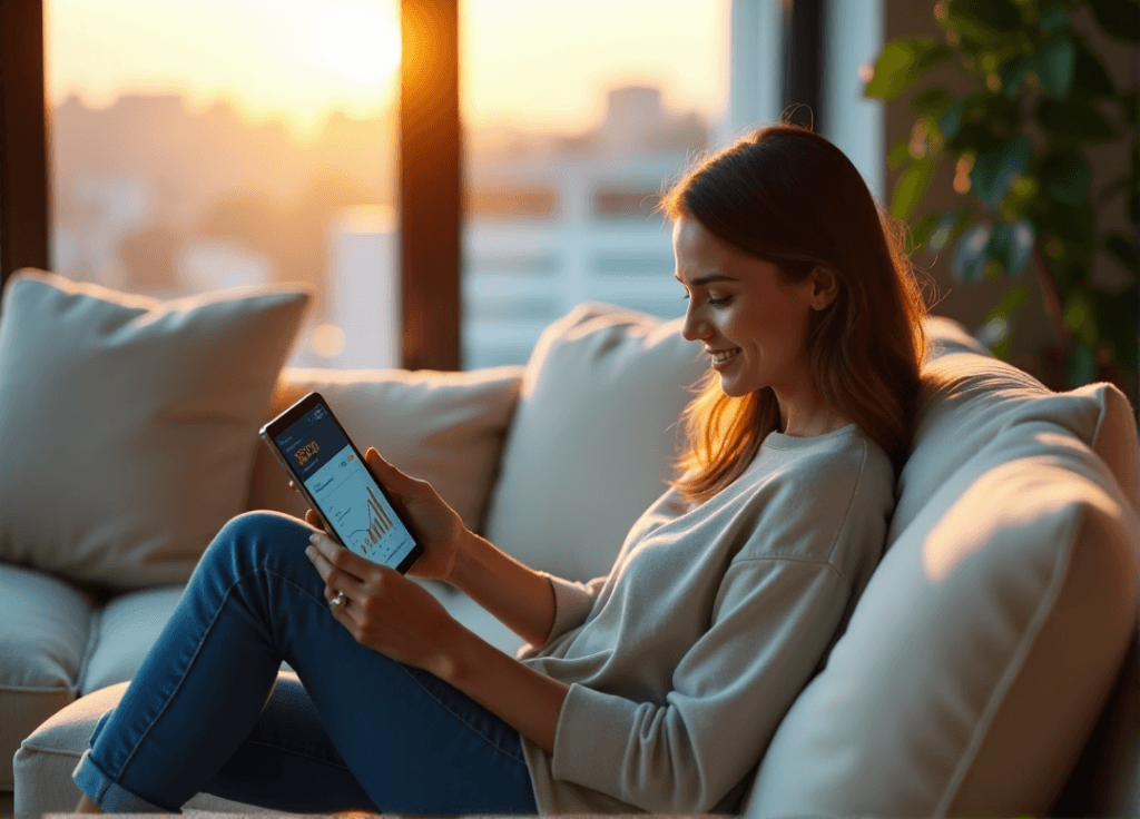 "A satisfied customer relaxes on a cream-colored couch in a modern living room, surrounded by subtle reminders of their favorite products and services, with a device displaying positive sentiment analysis results."