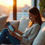 "A satisfied customer relaxes on a cream-colored couch in a modern living room, surrounded by subtle reminders of their favorite products and services, with a device displaying positive sentiment analysis results."