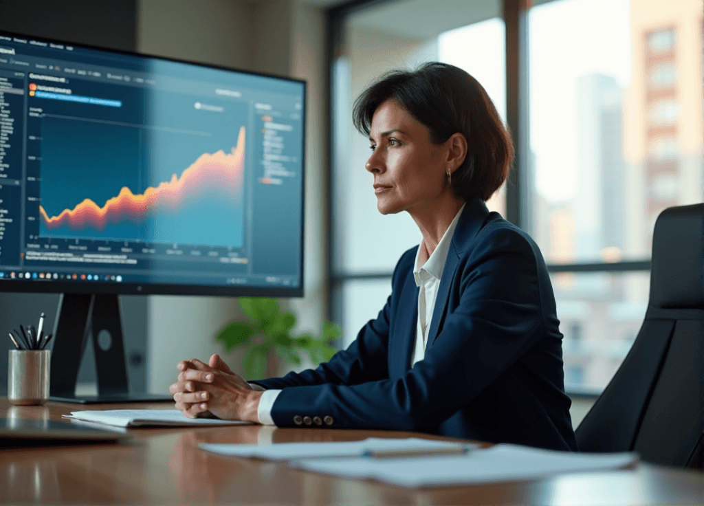 "A middle-aged woman in a navy blue suit sits at a polished wood desk, intensely analyzing data on her computer screen with AI automation skills evident."
