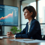 "A middle-aged woman in a navy blue suit sits at a polished wood desk, intensely analyzing data on her computer screen with AI automation skills evident."
