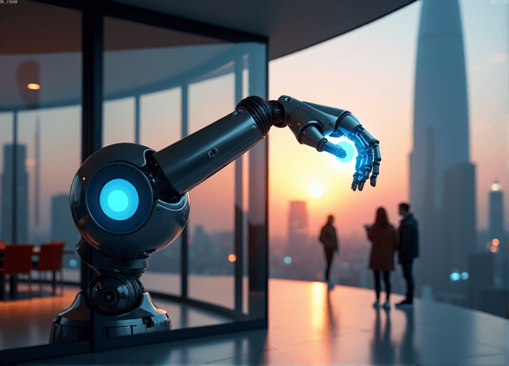 "A sleek robotic arm emerges from a modern conference room, grasping an AI orb amidst a golden hour-lit cityscape, highlighting the transformative power of AI automation skills."