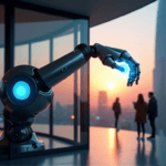 "A sleek robotic arm emerges from a modern conference room, grasping an AI orb amidst a golden hour-lit cityscape, highlighting the transformative power of AI automation skills."