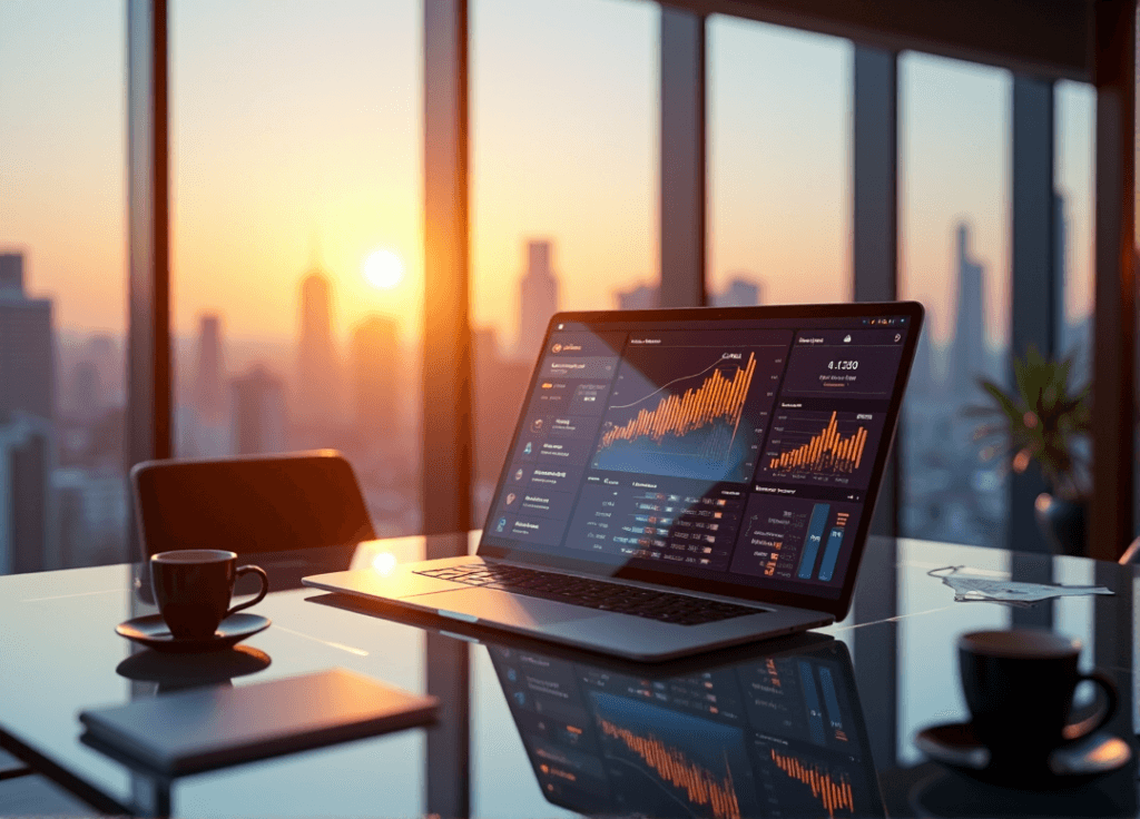 "A high-tech market analysis dashboard in a modern conference room with a cityscape view at sunset, featuring AI-driven data insights and sleek metal accents."