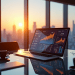"A high-tech market analysis dashboard in a modern conference room with a cityscape view at sunset, featuring AI-driven data insights and sleek metal accents."