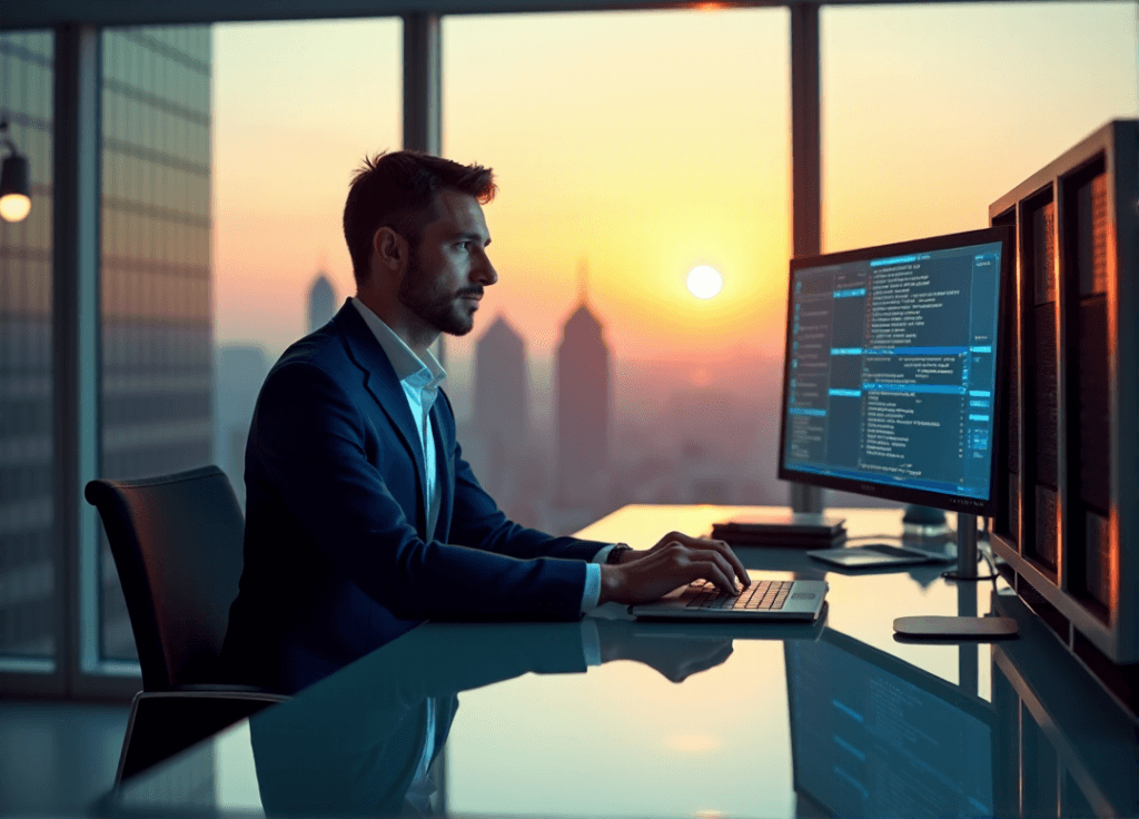 "A high-level executive sits confidently at a modern glass desk in a corporate office with floor-to-ceiling windows overlooking a cityscape at sunset, surrounded by cutting-edge AI automation technology."