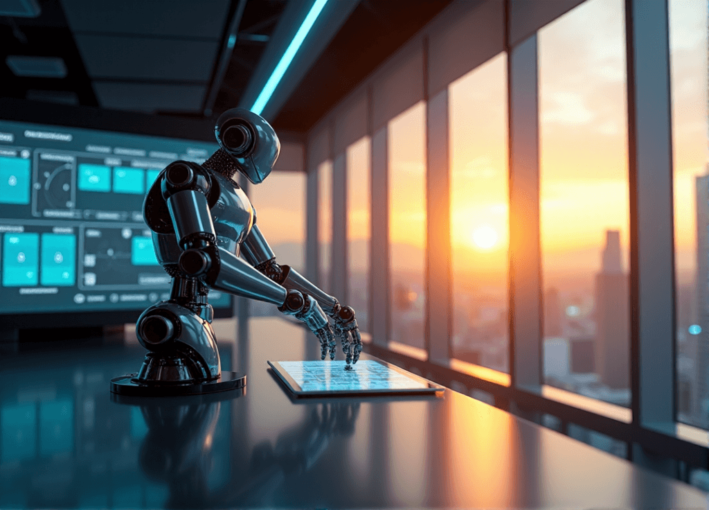 "A sleek robotic arm emerges from a futuristic control room, optimizing business workflow with AI automation strategies in a high-resolution 3D display."