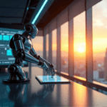 "A sleek robotic arm emerges from a futuristic control room, optimizing business workflow with AI automation strategies in a high-resolution 3D display."
