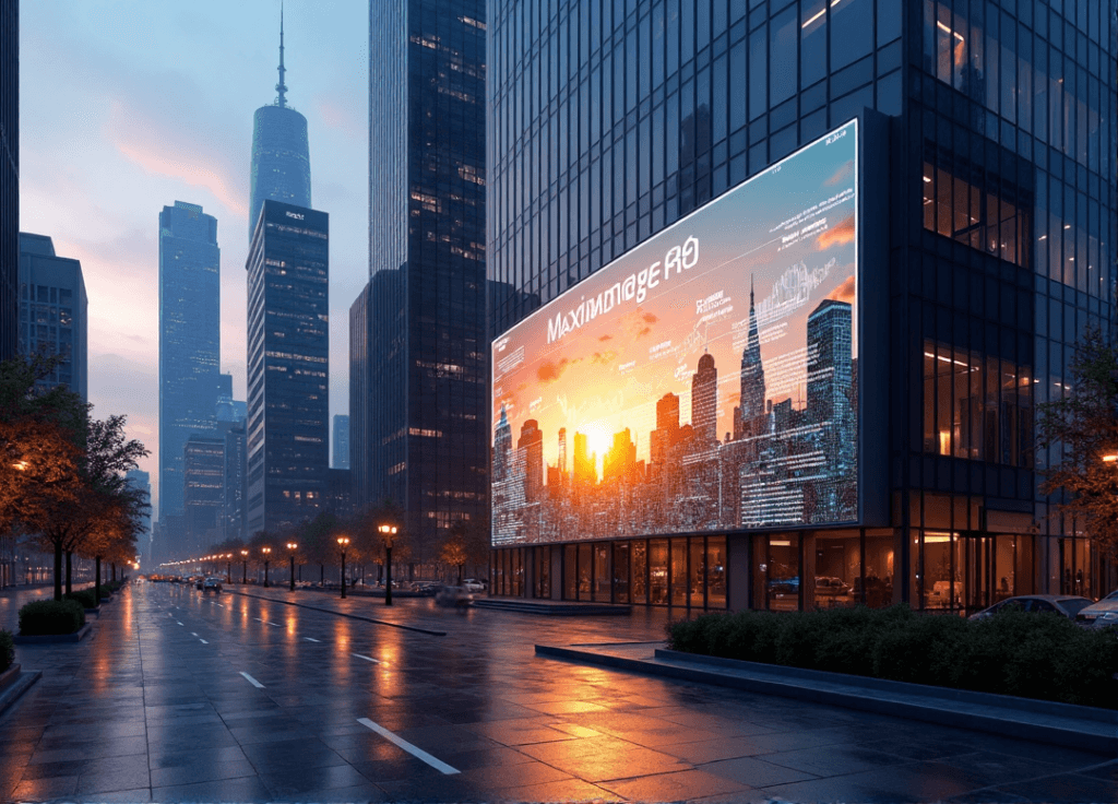 "A high-rise office building at sunset, featuring a digital screen displaying data-driven graphs illustrating AI automation's impact on ROI, with surrounding skyscrapers in soft twilight hues."