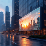 "A high-rise office building at sunset, featuring a digital screen displaying data-driven graphs illustrating AI automation's impact on ROI, with surrounding skyscrapers in soft twilight hues."