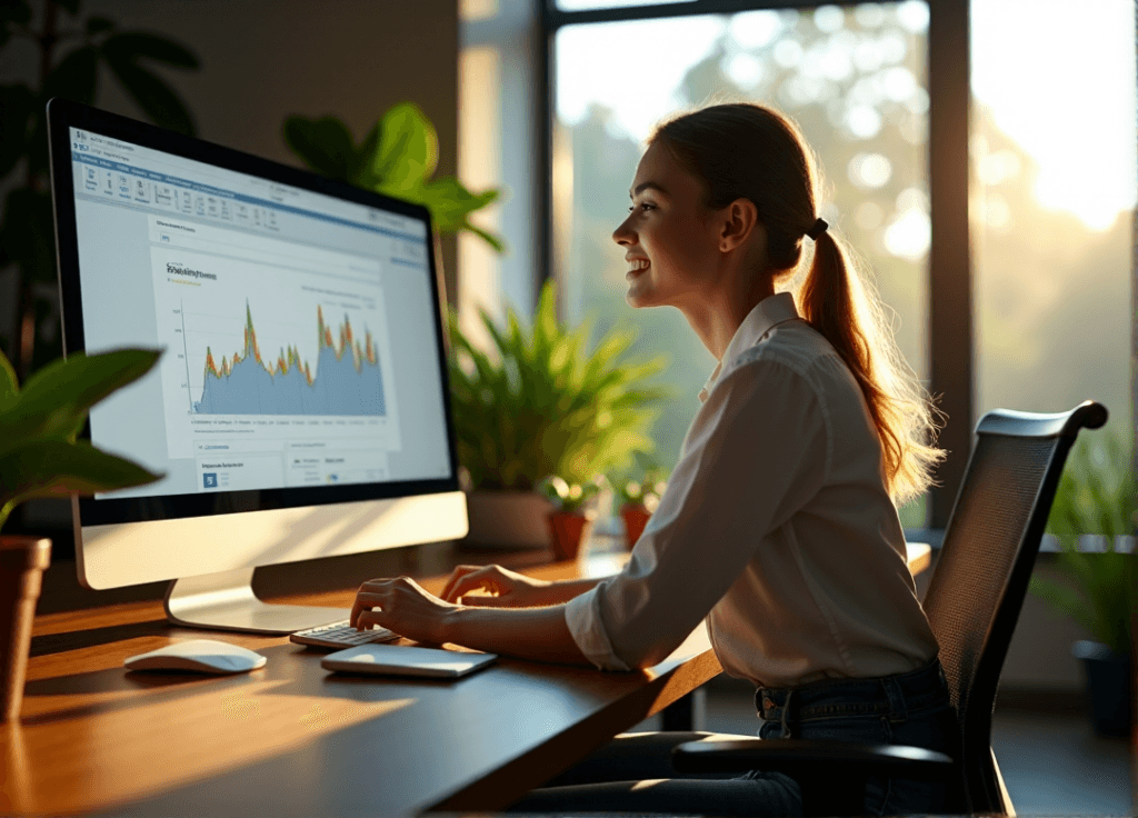 "A young woman sits at a modern desk surrounded by lush greenery, intently analyzing AI-powered sentiment analysis data on her computer screen."