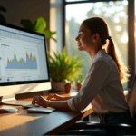 "A young woman sits at a modern desk surrounded by lush greenery, intently analyzing AI-powered sentiment analysis data on her computer screen."