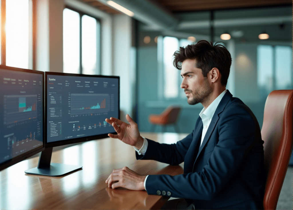 "A young professional analyzes AI-generated predictive analytics models on multiple screens in a high-tech office, showcasing AI automation skills."