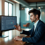 "A young professional analyzes AI-generated predictive analytics models on multiple screens in a high-tech office, showcasing AI automation skills."