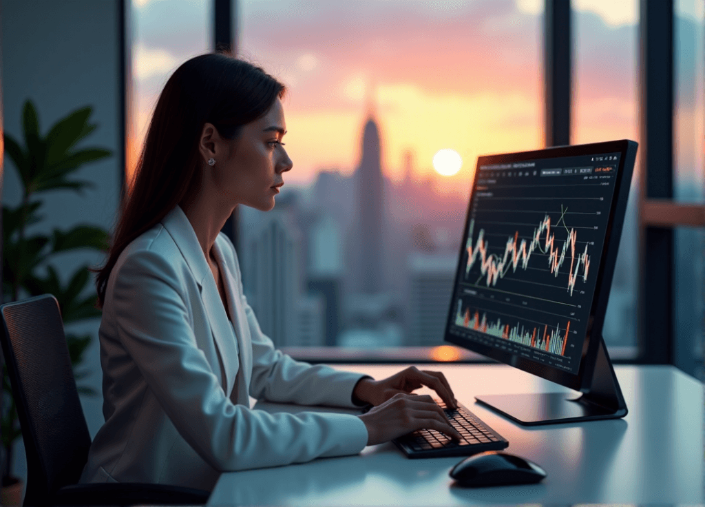 "A young professional sits confidently at a minimalist desk, poised over a computer displaying dynamic data visualization graphs, highlighting AI automation skills in action."