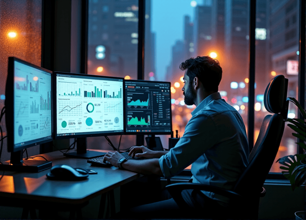 "A data analyst intensely focused on market trends, consumer behavior charts, and statistical models on multiple computer screens, with a large interactive 3D visualization of customer preferences behind them."